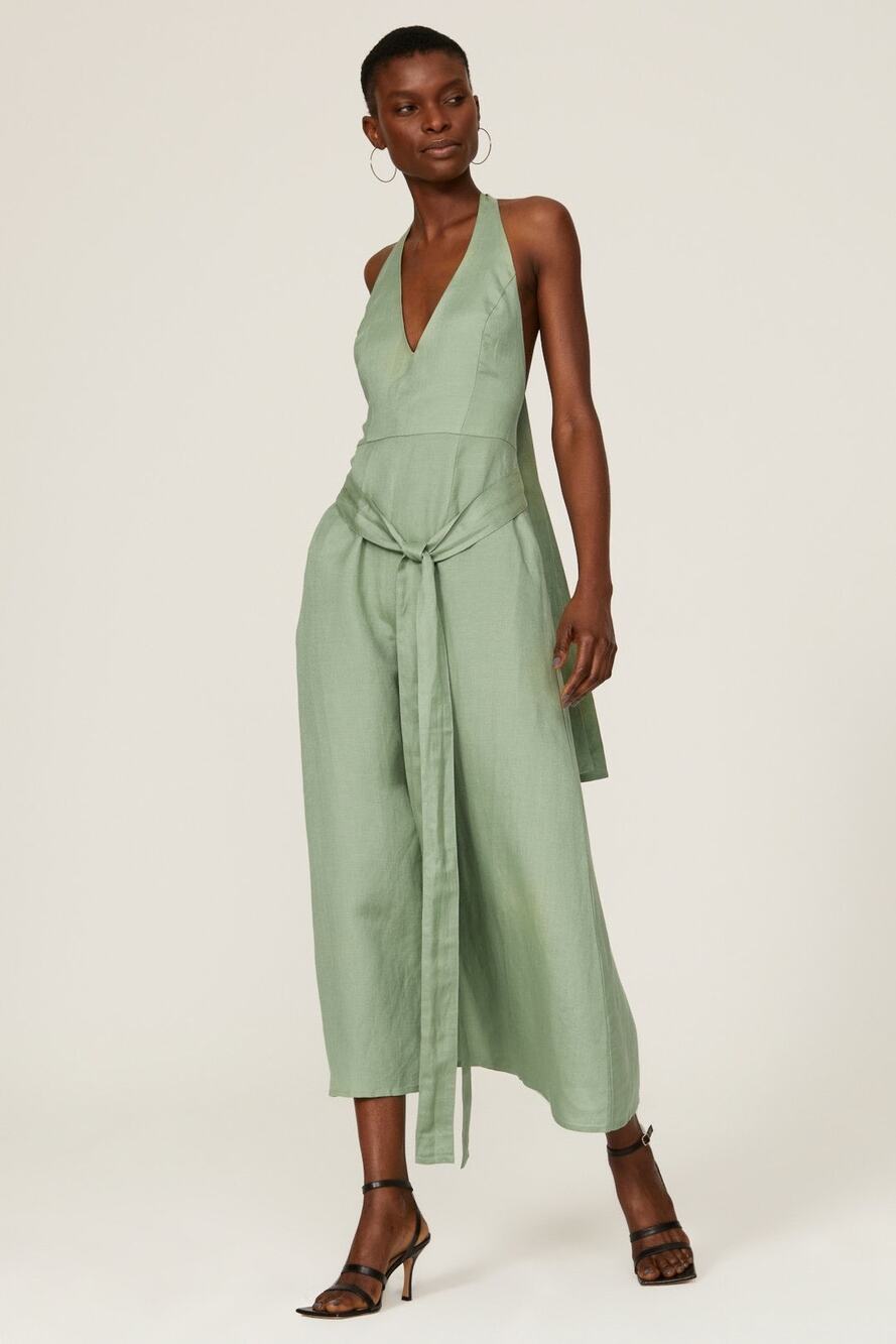 Saunders Collective Maria Green Halter Tie Waist V-Neck Linen Midi Dress Size 0
